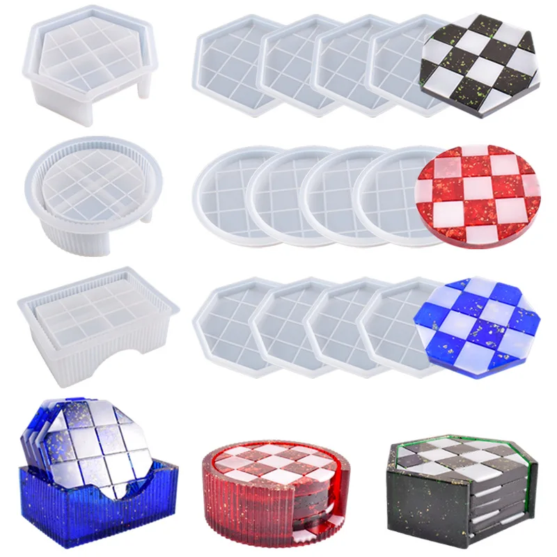 5 Piece Set DIY Circular Coaster Mold Epoxy Resin Mold Hexahedron Octagon Coaster Silicone Mould Checkerboard Grid Cup Mat Mould