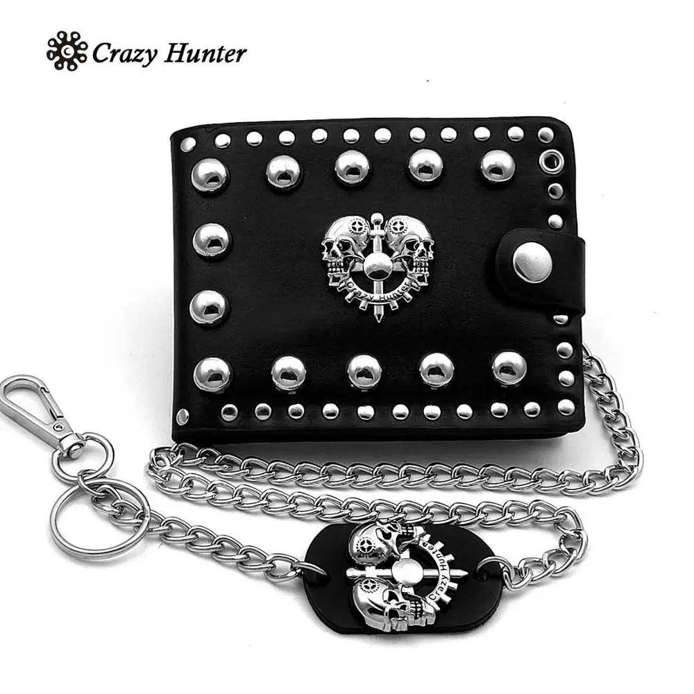 Панк шипованные Череп байкер кожаный бумажник мужские ID карты/Momey клип с цепочкой