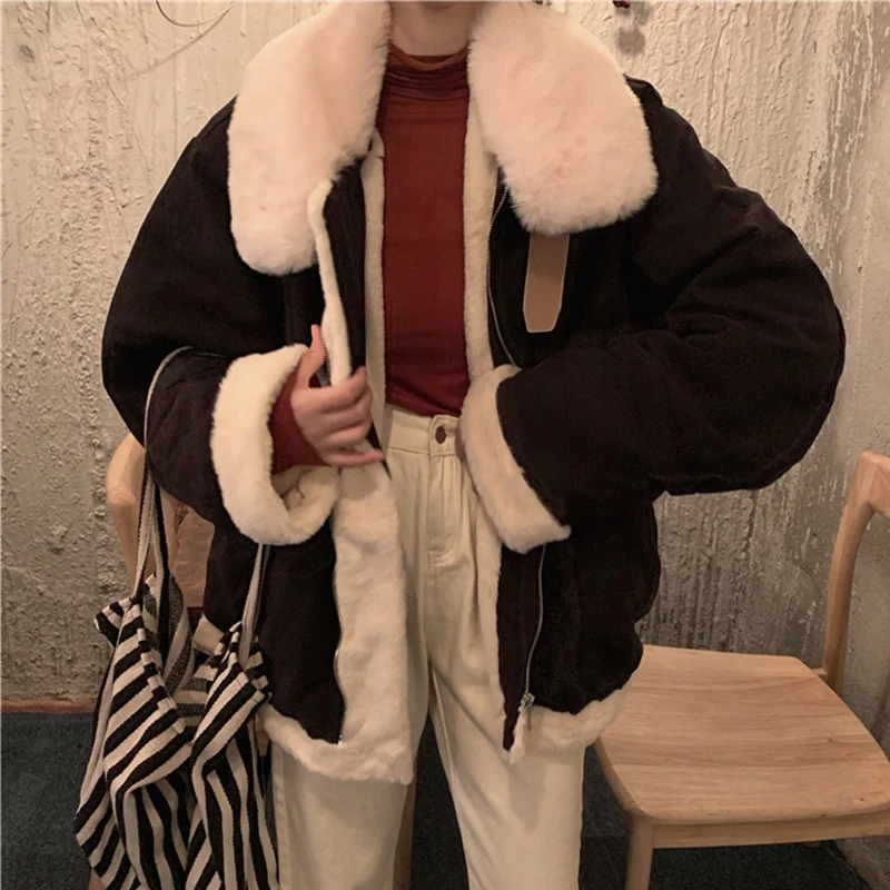 Vintage Lamb Wool Ladies Coat Loose Fashion Women's Long Sleeve Thermal Jacket Casual Winter Zipper Solid Outerwear 2022 New