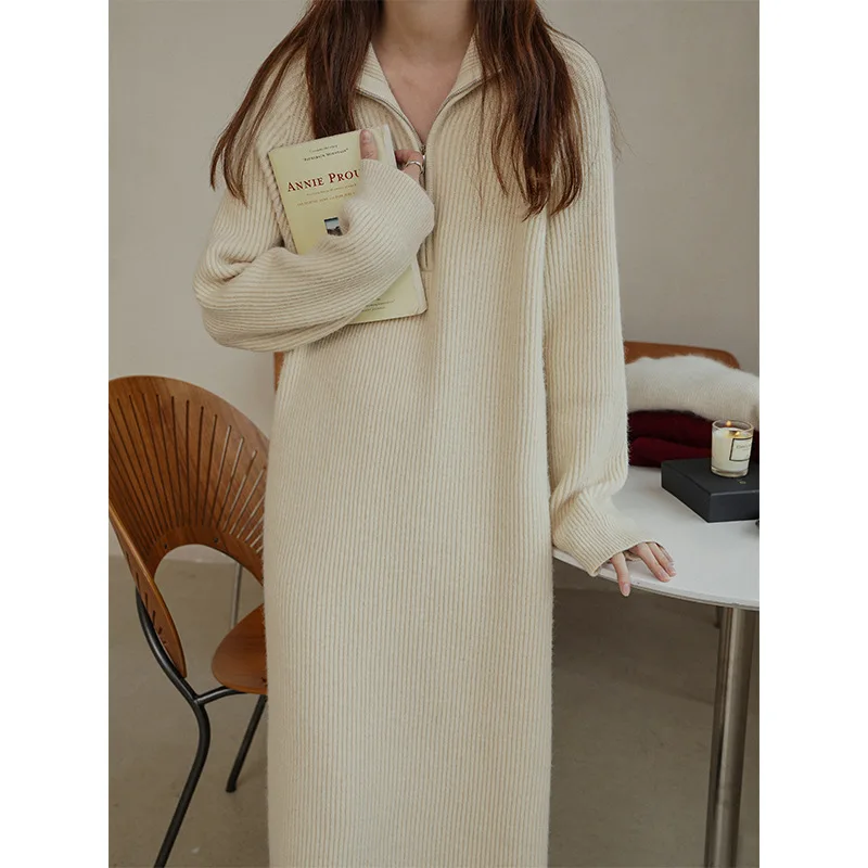 

Fall/Winter 2022 Slouchy Wind Over Knee Medium Long Lapel Loose Woolen Dress Women's Underlay Knitted Dress