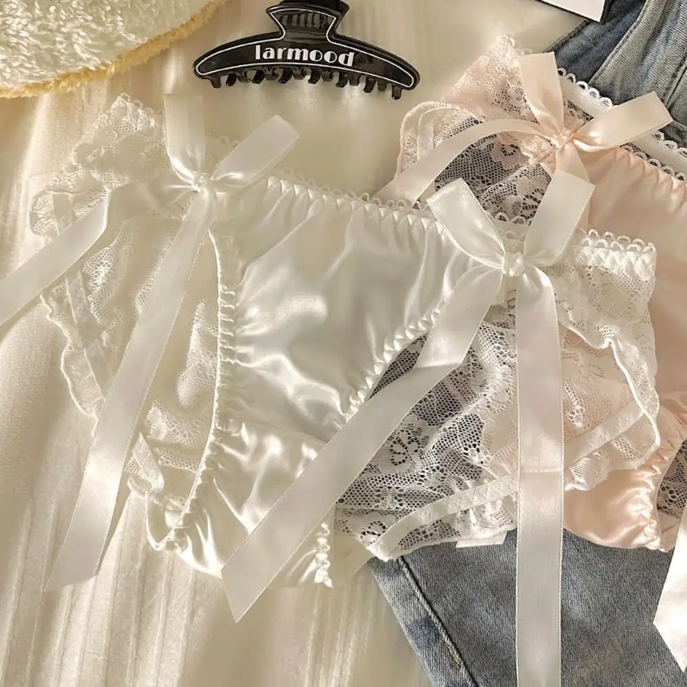 Однотонное кружевное нижнее белье с бантом дышащее ажурное женское трусики