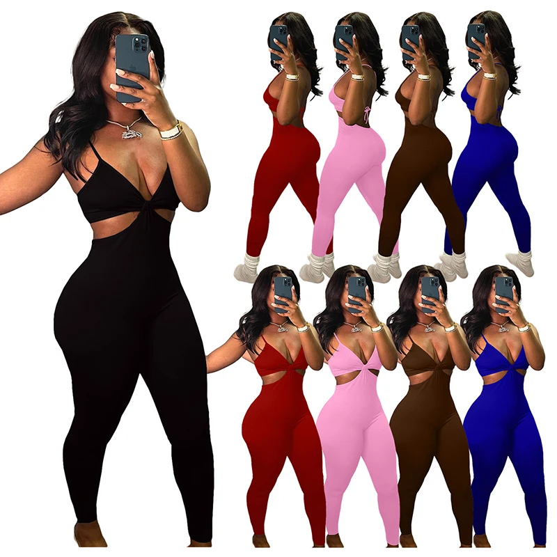 

Summer Women Solid Color Halter Skinny Jumpsuit Sexy Hollow Out Backless Bodycon Streetwear Casual Festival Rompers