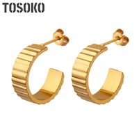 tosoko stainless steel jewelry c shaped checkered temperament earrings plated with 18k gold female earrings bsf063