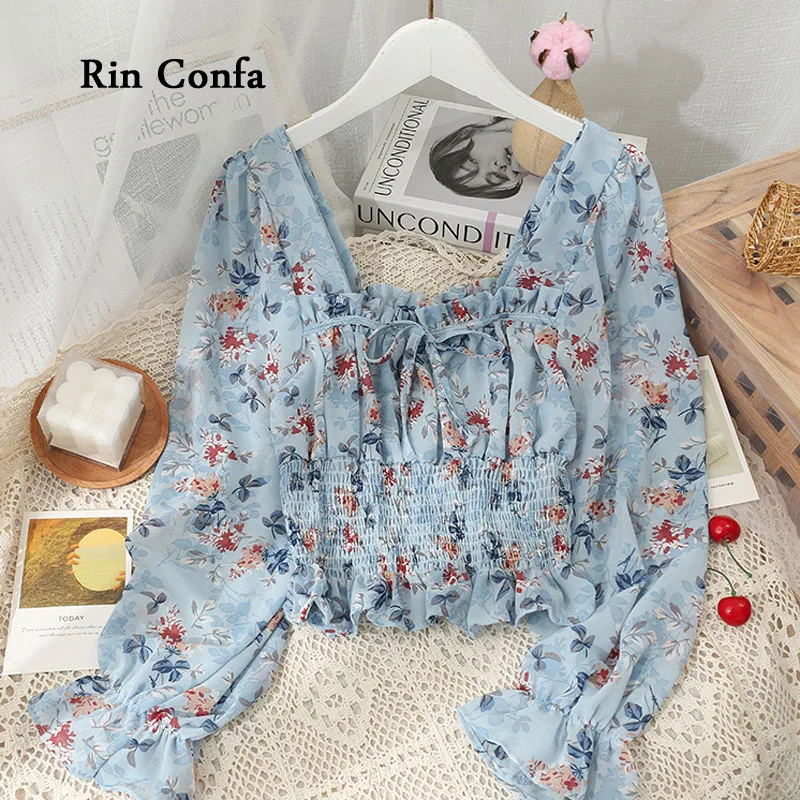 

Rin Confa Retro Flower Printing Low Neck Exposed Clavicle Top Women Pastoral Wind Fold Chiffon Shirt Bowknot Frenulum Thin Tops