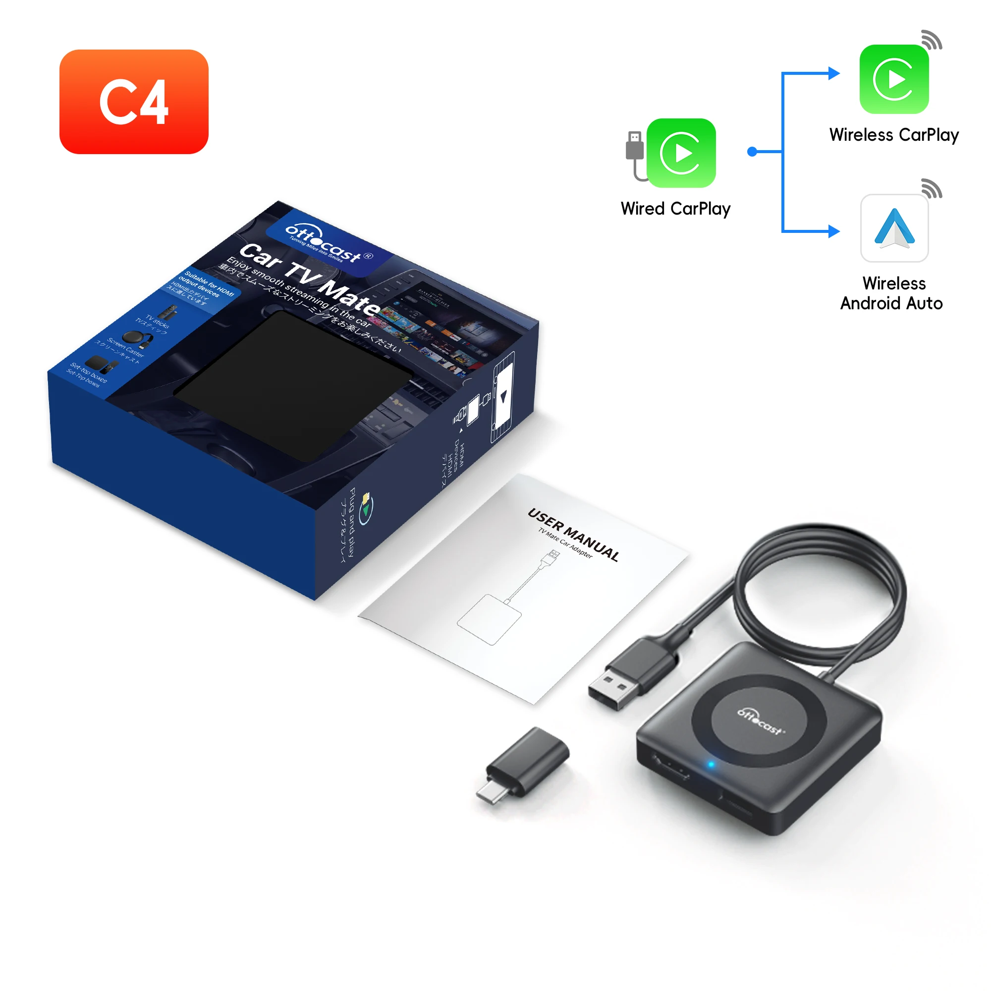 

OTTOCAST Mate Pro C4 Автомобильный ТВ Mate Беспроводной Адаптер CarPlay Android Auto Конвертер Видео Для HDMI Поддержка VW Be...