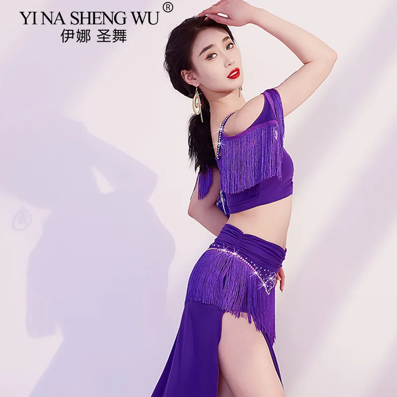 Костюм для танца живота женский блестящий топ без рукавов с бахромой и длинная