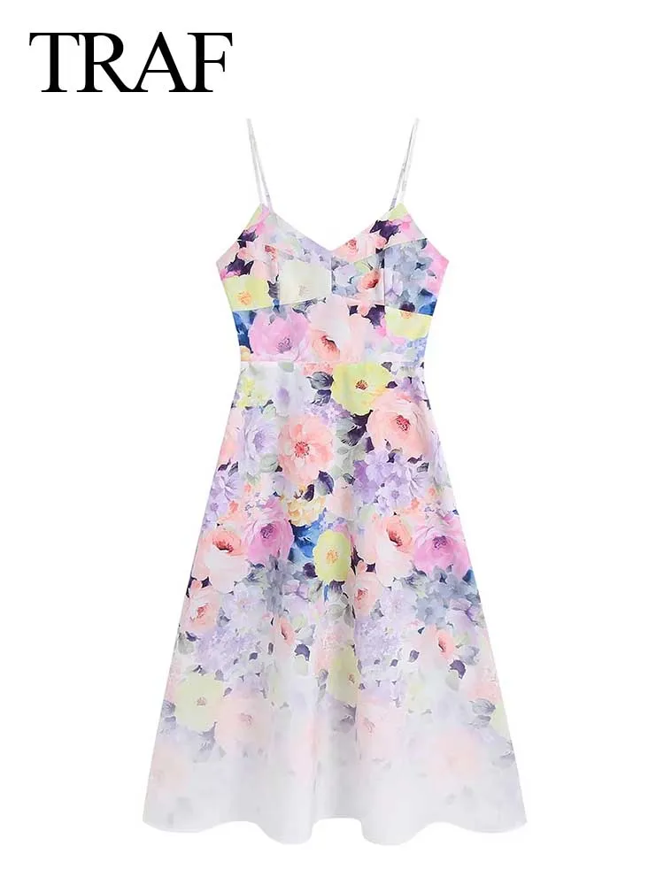 

TRAF Retro Elegant Gradient Floral Print Ladies Sling Dress Casual Daily Back Elastic Loose Comfortable Women's Long Dress
