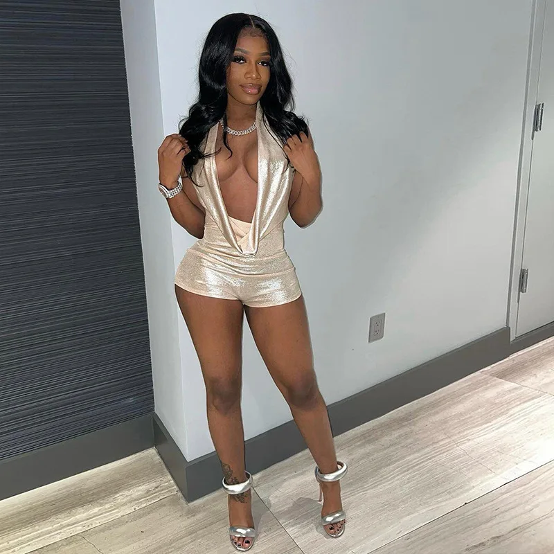 Блестящие комбинезоны без рукавов в стиле панк однотонные с открытой спиной