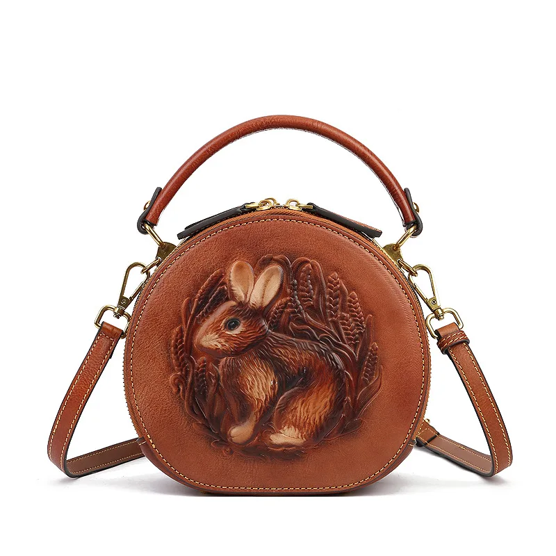 

Hot Selling Genuine Leather Ladies Retro Ethnic Small Round Bag Rabbit Embossed Handbag Shoulder Messenger Bags