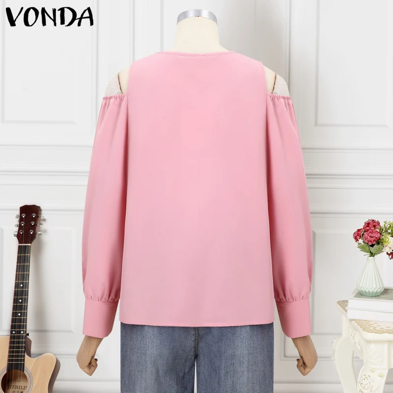 Фото Женские блузки VONDA больших размеров 5XL, топы с открытыми плечами, повседневные однотонные блузы, туники с длинным рукавом и круглым вырезом, с цветочным принтом, рубашки оверсайз №5