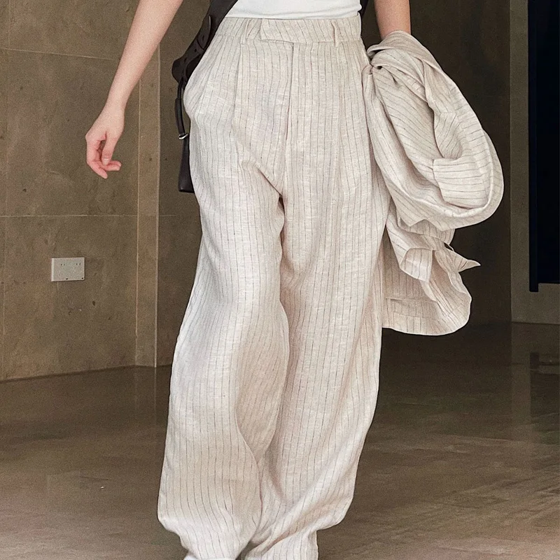 

Spring Summer Women's Casual Striped High Waist Loose Wide Leg Pants