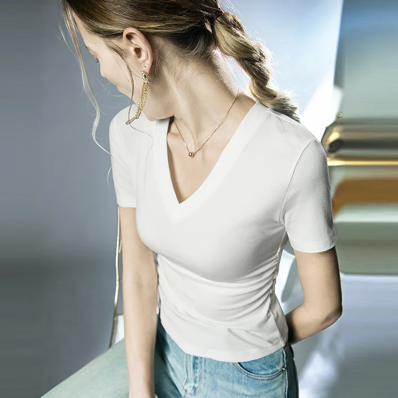 

High Quality 2023 Women Tops Simple Style V-neck T-shirt Female Clothing Spring Summer Sexy Crop Top Clothes Casual