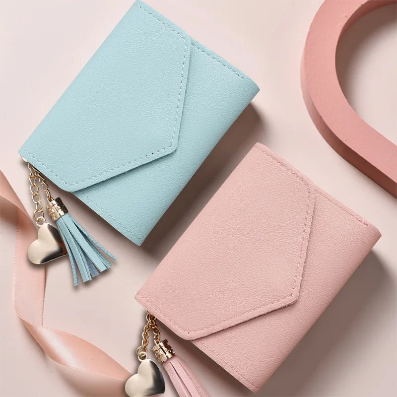 Women's Short PU Wallet Korean Version Simple and Fashionable Tassel Tri-fold Wallet Card Bag Coin Purse for Women