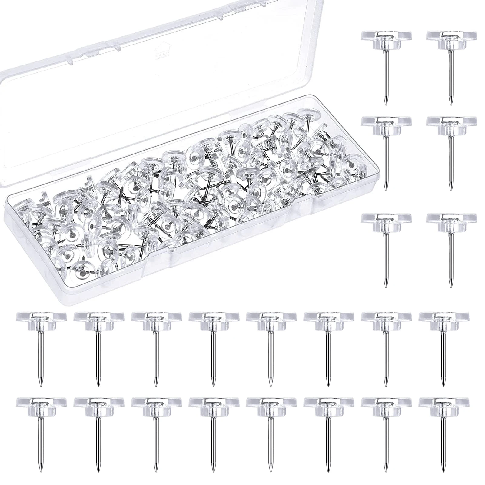 

200pcs Clear Reusable For Wall Classroom Universal With Storage Box Push Pin Flat Head Portable Paper Holder Home Office School