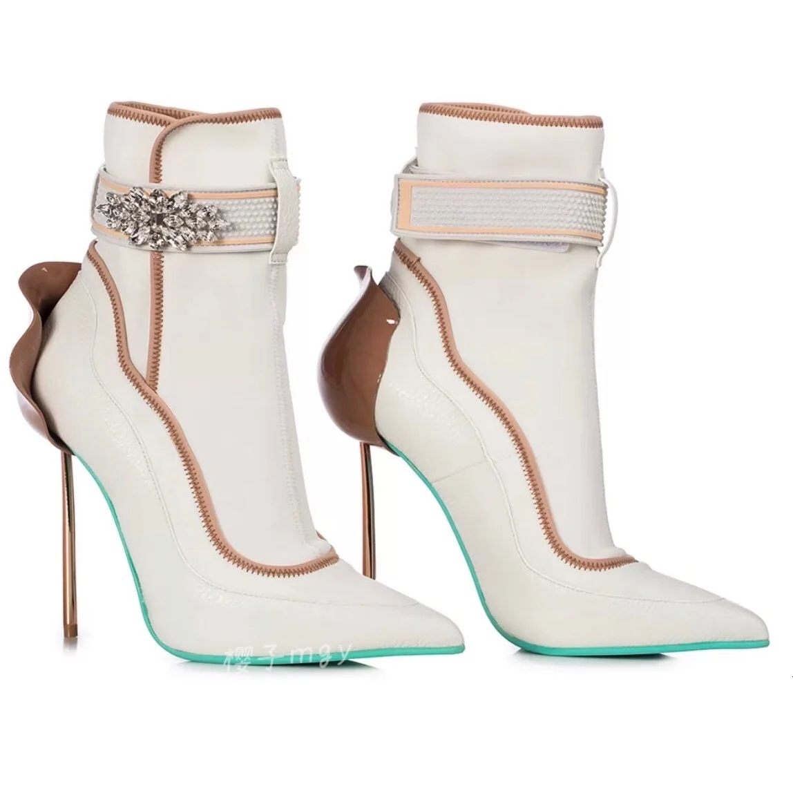 

Metallic Stiletto Heel Floral Boots Women Spring Rhinestone Shoes Female Luxury Pointed Toe Ankle Real LeatMartin Boots