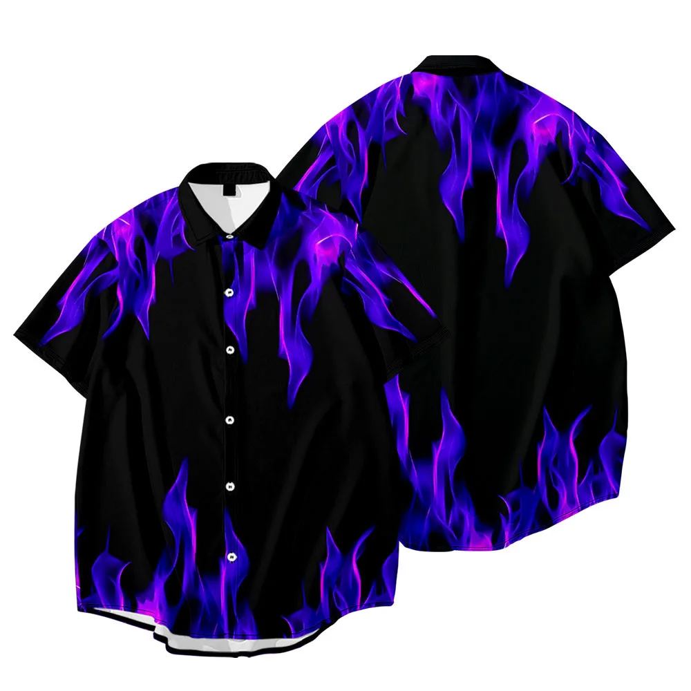

2022 Blue flame pattern 3D Printing Unisex Shirt Women/Men Casual Summer Short Sleeve Loose Button Streetwear Anime clothes