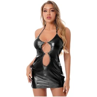 women metallic patent leather cutout bodycon dress rave party outfit pole dance costume shiny halter lace up o ring mini dresses