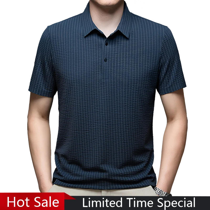 

Рубашка-поло мужская эластичная с коротким рукавом, шелковая модная, с лацканами, в полоску, в деловом стиле, лето 2023