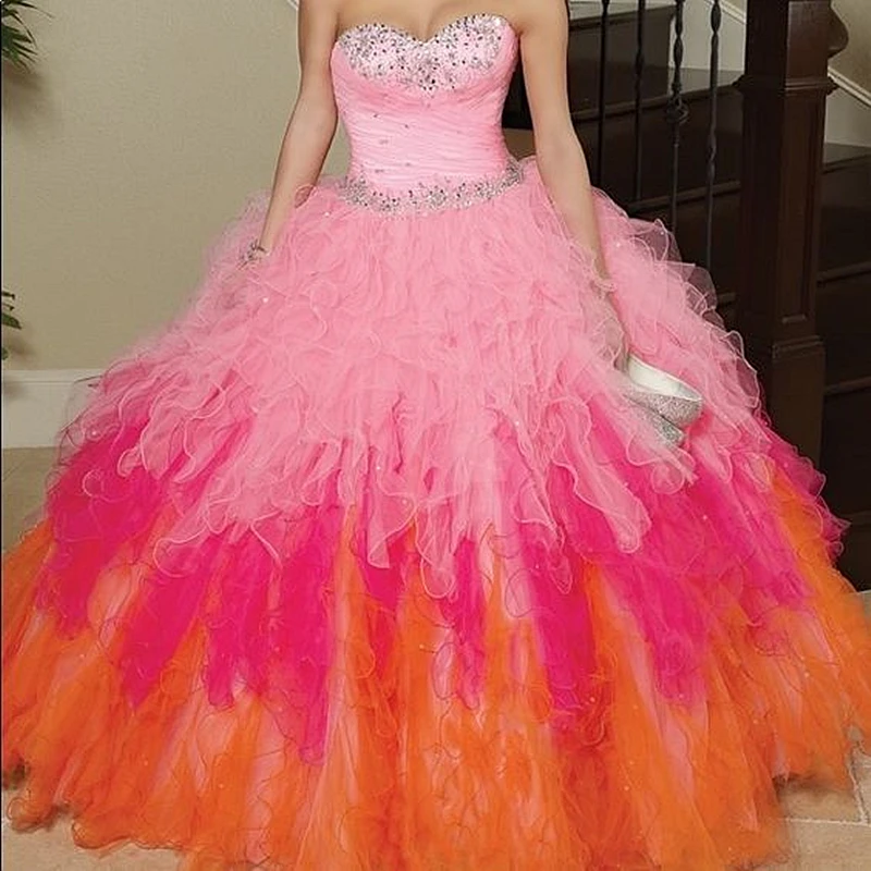 Красочные тюлевые платья с оборками 15 Quinceanera милое женское бальное платье в пол