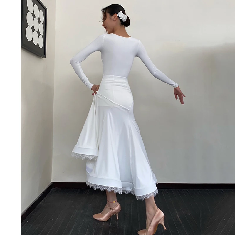 Платье для соревнований по бальному танцу женские белые кружевные топы юбка с