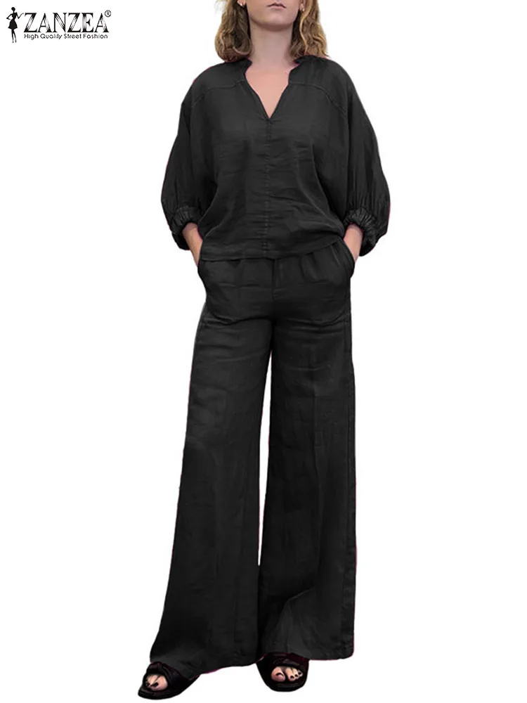 

ZANZEA Fashion Solid Suit Puff Sleeve V-Neck Blouse Wide Leg Pants 2PCS Woman Casual Loose Urban Tracksuits OL Work Sets 2023