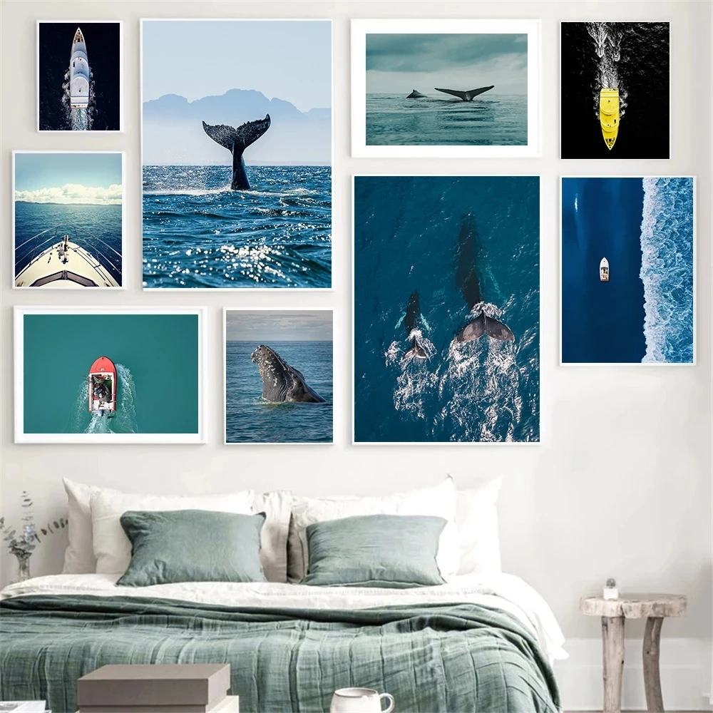 

Nordic Whale Blue Sea Wall Art Poster Dolphin Art Prints Yacht Ship Canvas Painting Modern Pictures For Living Room Home Decor