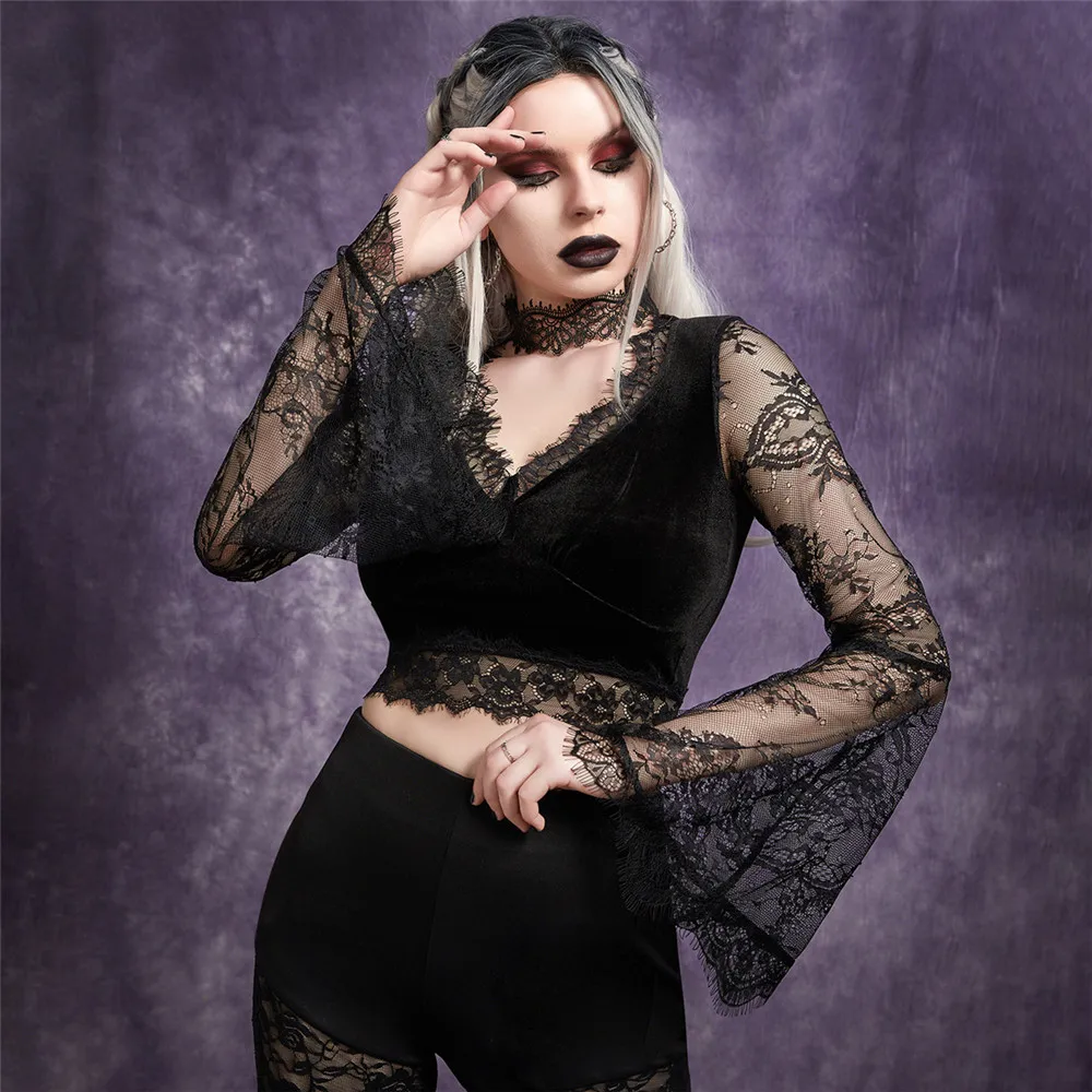 

2022 Fashion Women T-Shirt Long Sleeve Lace Patchwork V-neck Solid Color Gothic Style Punk Sexy Ladies Short T-shirt For Summer