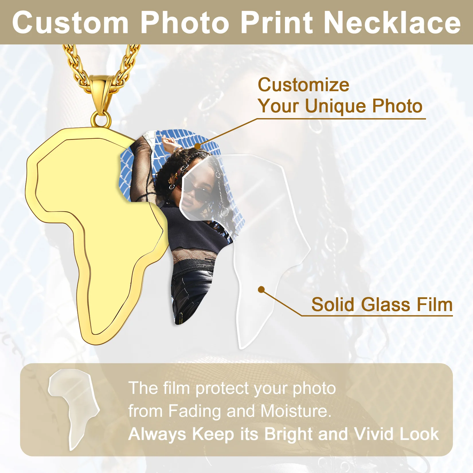 U7 Stainless Steel Personalized Photo Africa Map Necklace Custom Laser Engraving Back 20''+2''Link Chain Hip Hop Unisex Jewelry