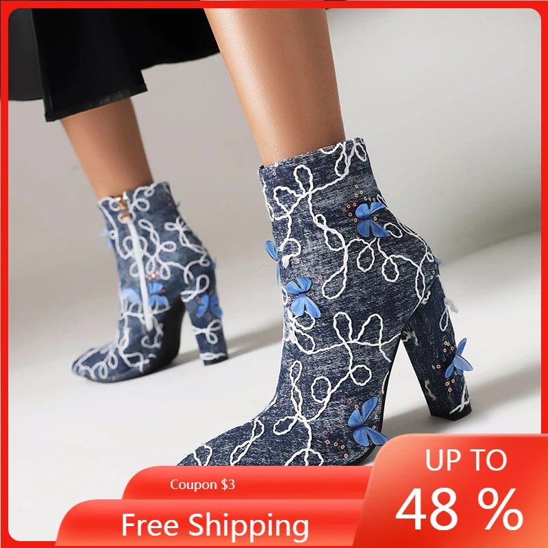 

ENMAYEPlus Size Denim Fabric Embroidery Butterfly Novelty Women's Short Boots Pointy High Thick Heel Embroidery Line Ankle Boots