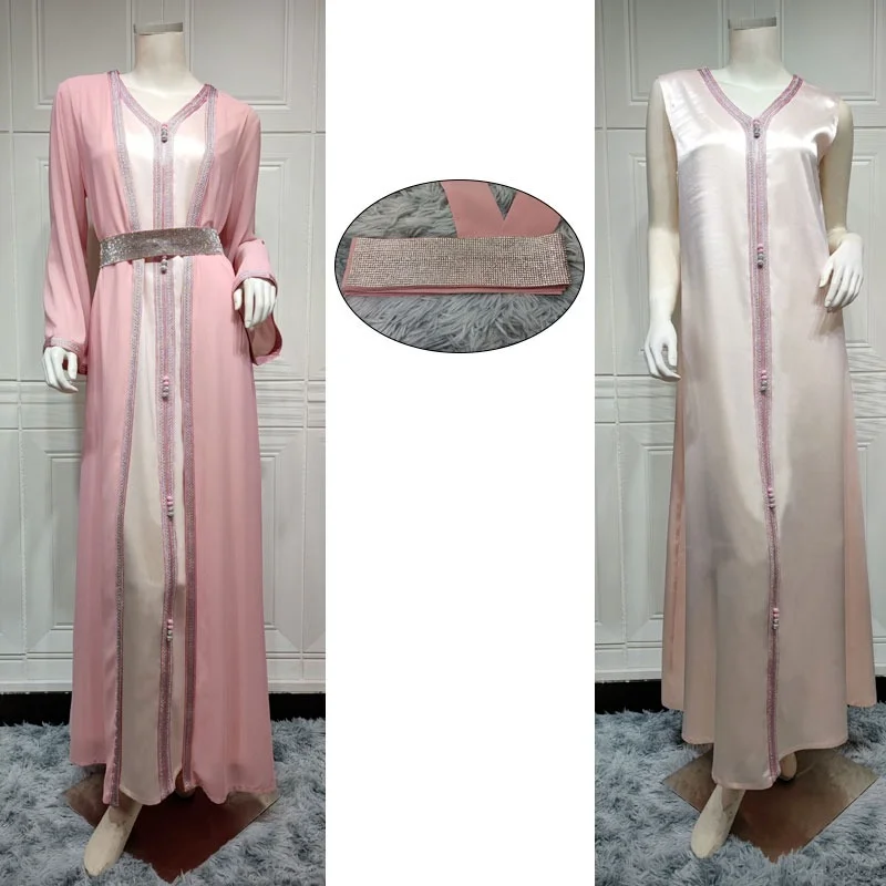 Diamonds Takchita Moroccan Kaftan Jalabiya Women Chiffon Cadigan Satin Inner Dress Dubai Arab Muslim Party Wedding Gown Ramadan