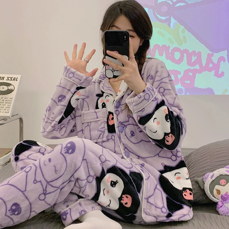 

Sanrios Kuromi Hello Kitty My Melody осень-зима мультяшный коралловый бархатный Пижамный кардиган с лацканами фланелевая утепленная домашняя одежда