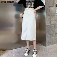 fashion korean style women casual brief long denim high waist all match design slim straight back split saia skirts womens 2022