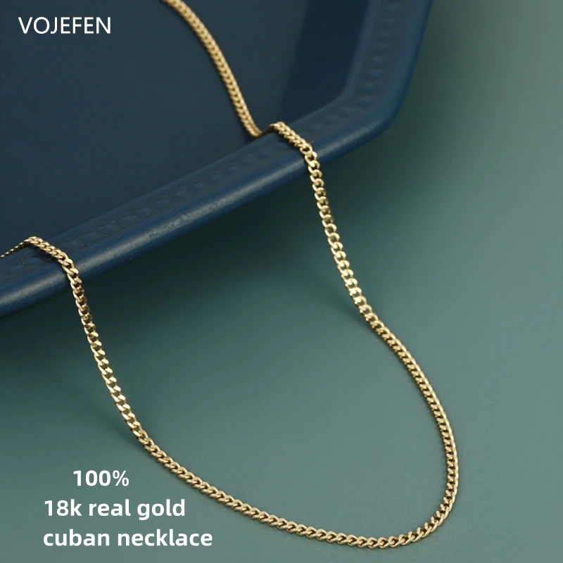 

VOJEFEN 18K Gold Necklaces Jewellery Real Gold Link Flat Jewelry Trend Luxury Cuban Neck Chains for Male Female Fashion Chokers