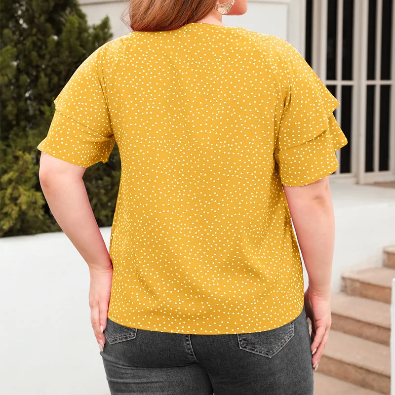 Street Fashion Polka Dot Loose T-Shirt Four Colors Summer Plus Size Clothes O-Neck Patchwork Ruffles Short Sleeve Women's Top