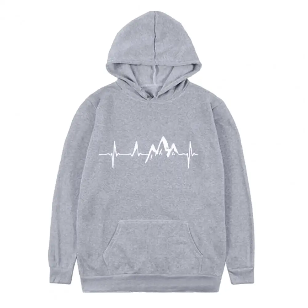 

Long Sleeve Men Top Mountain Ekg Print Hoodie Warm Plush Stylish Men's Streetwear Pullover Men Hoodie
