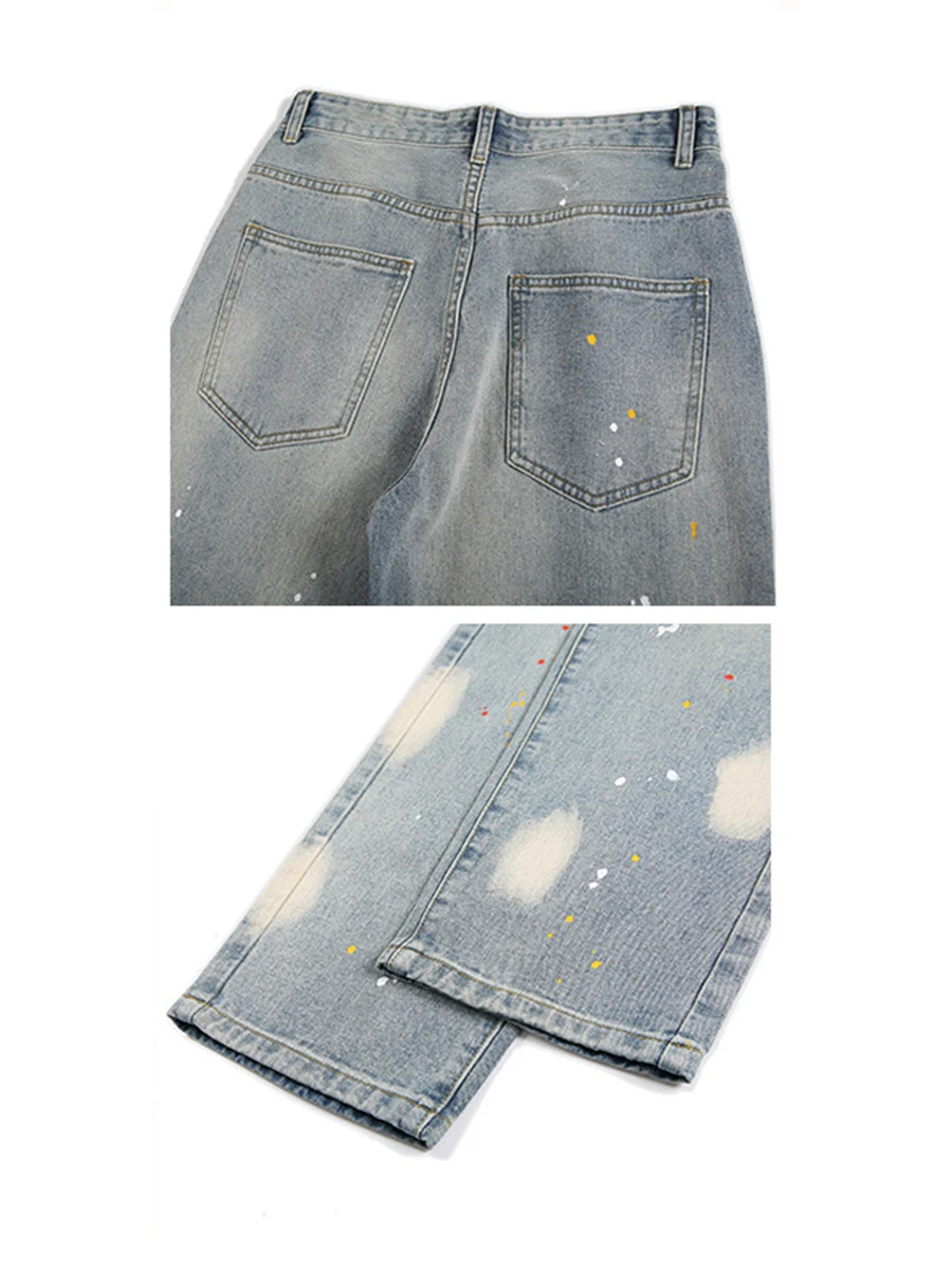 Four Seasons Men's Men's New American Retro Washed Jeans Straight Brush Painted Wide Leg Pants Fashion Streetwear Ins Hot Sale