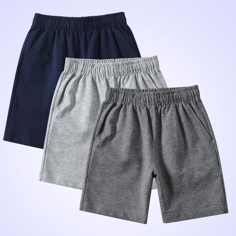 

Summer Sports Shorts Boys Solid Color Elastic Waist Straight Cotton Shorts Kids Dark Blue Gray Black School Uniforms Bottoms