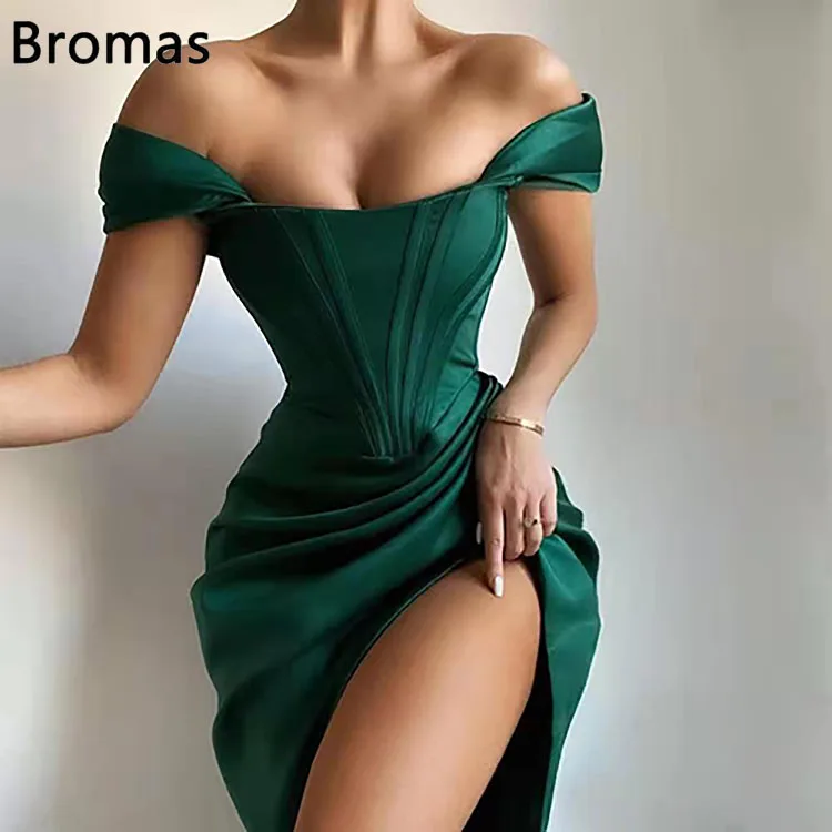 

2023 Summer Fashion Satin Women Elegant Party Dress Sexy Off Shoulder Split Slim Evening Club Dress
