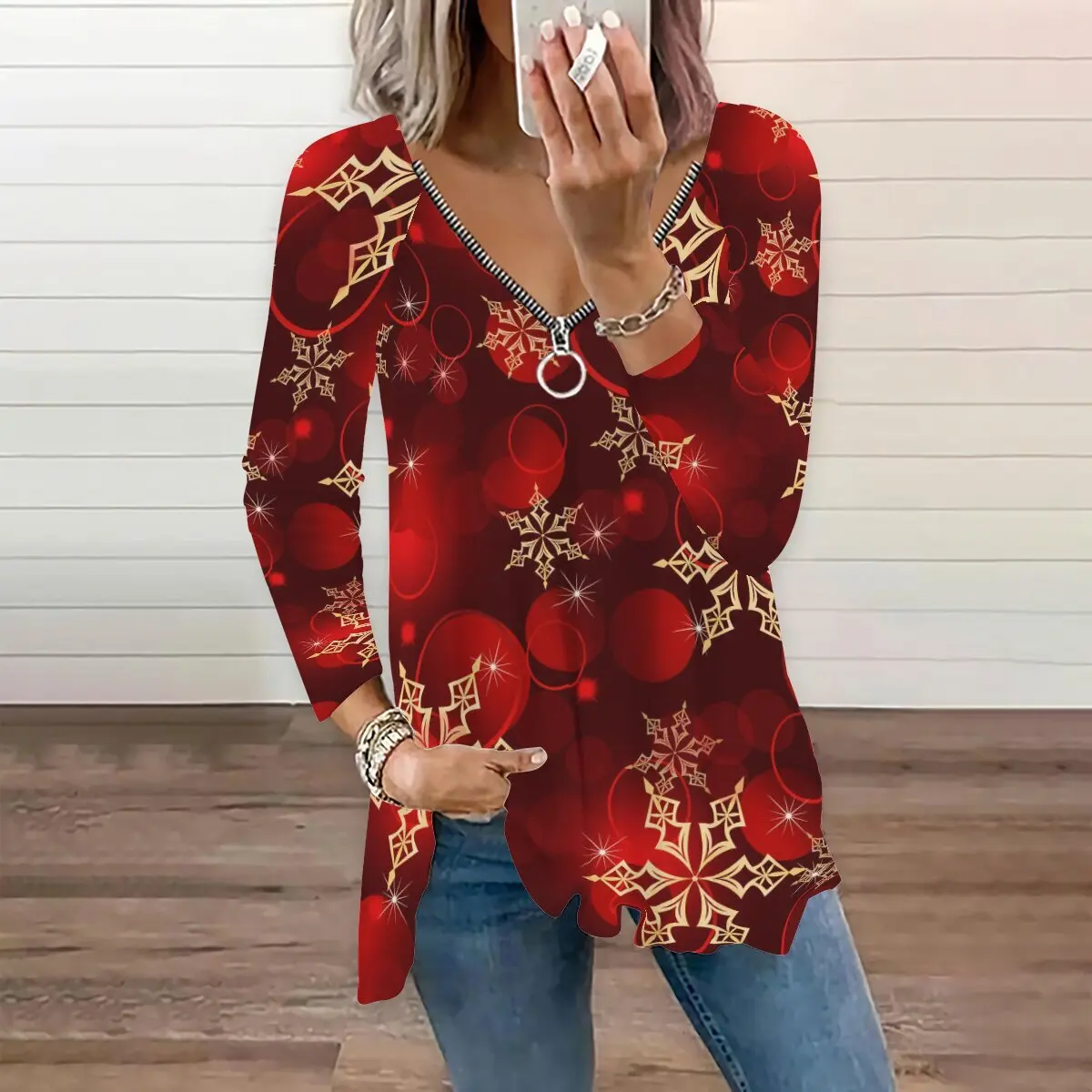 

Women's Autumn Christmas Snowman Print Casual Zipper V-Neck Long Sleeve Top Plus Size XXS-10XL