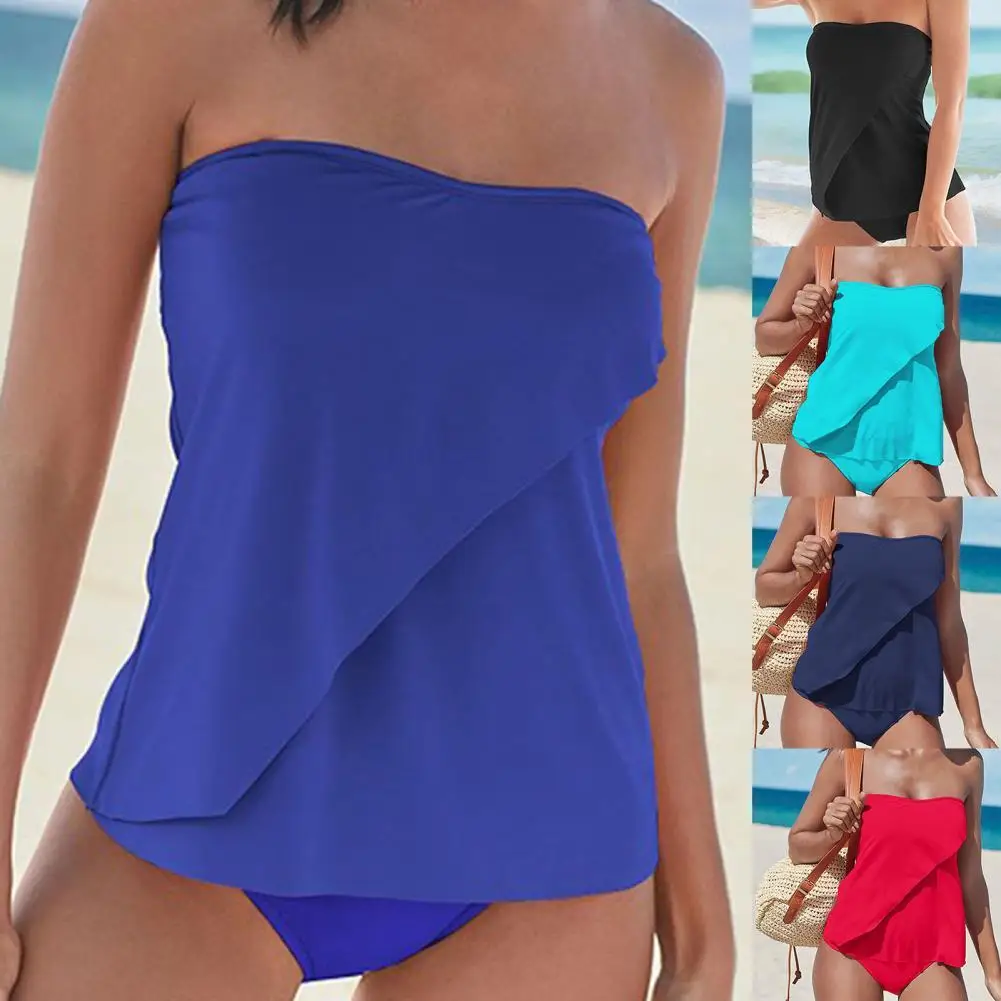 

2Pcs/Set Women Swimsuit Solid Color Padded Flowy Hem Bandeau Top High Waist Briefs Bathing Suit for Swimming Beachwear