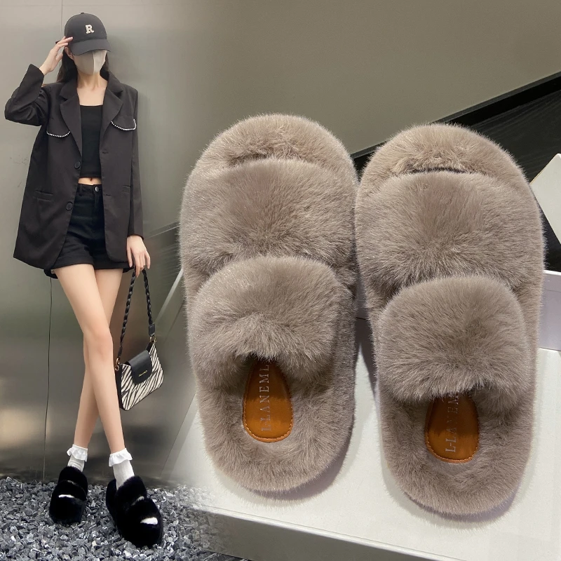 

Women Autumn Winter Korean Style Cotton Slippers Female Song Jia Plush One Word Drag Anti-slip Outside Wearing Cloth Fur Shoes