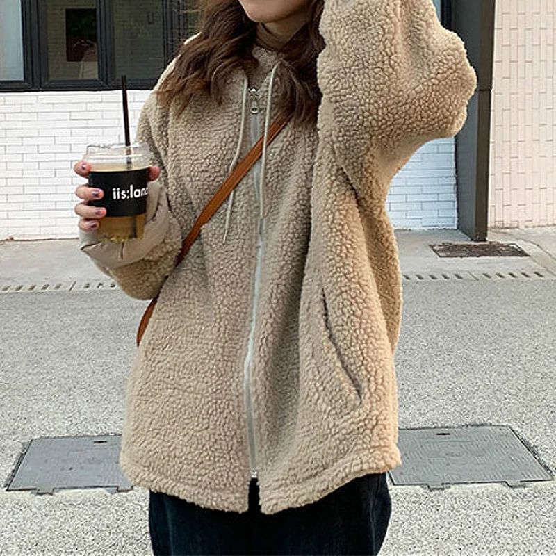 

Female Ins Loose Autumn and Winter Fashion Thicken Both Sides Wear Lamb Wool Coat New Harajuku Tooling Cotton-padded Clothes