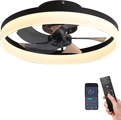 

Fans with Lights - Modern Flush Mount Low Profile Indoor Ceiling Fans with Remote Control, 20" Enclosed Bladeless Ceiling Li Mod