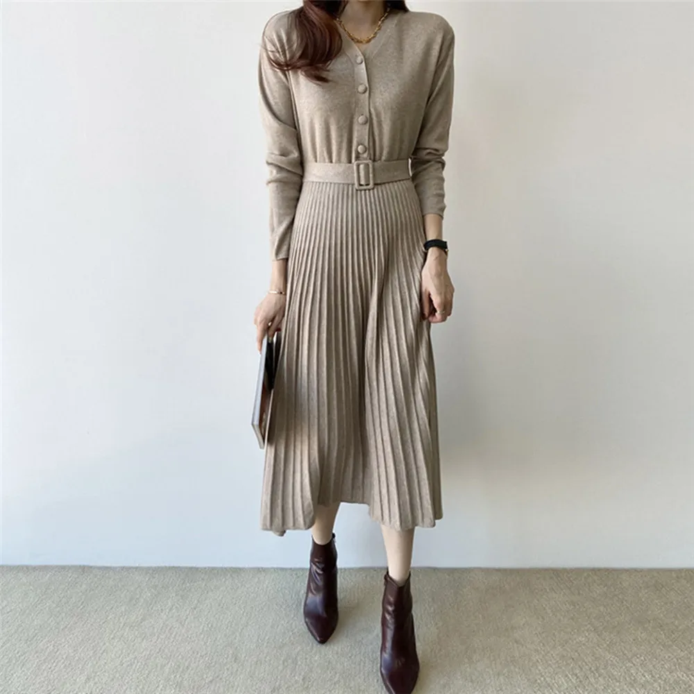 

Elegant V-neck Single-breasted Women Thicken Sweater Dress 2023 Autumn Winter Knitted Belted Female A-line soft dresses