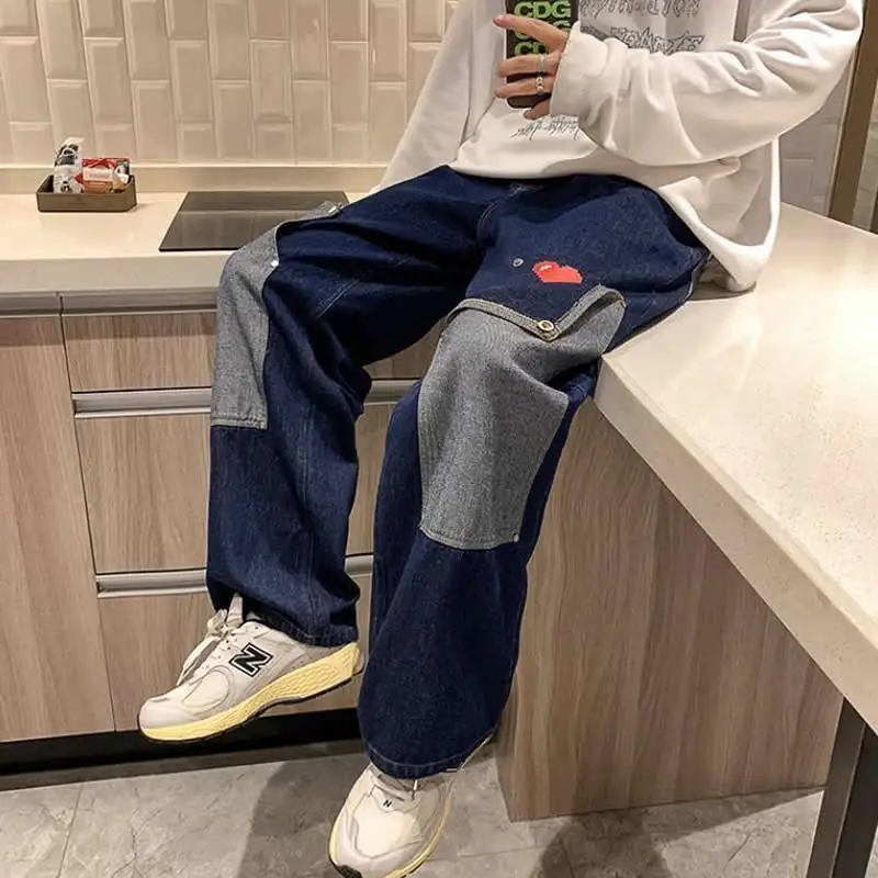Men Low Waist Trousers Streetwear Casual Baggy Jeans Patchwork Grunge Women Denim Hip Hop Wide Leg Cargo Pants Plus Size Clothes