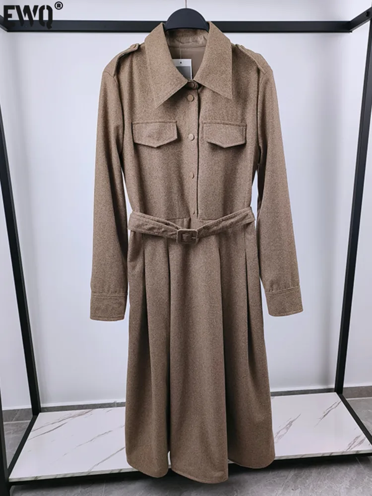 

Женское однобортное платье-рубашка [EWQ], черное элегантное платье-рубашка с отложным воротником, поясом и карманами, с длинным рукавом, 16U6376, Осень-зима 2023