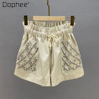 european style diamond leather shorts womens 2022 new winter clothes elastic high waist slimming loose wide leg short pants