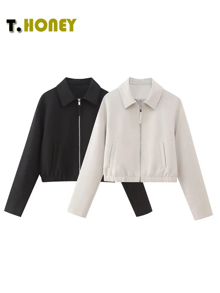 

TELLHONEY Women Fashion Lapel Collar Front Zipper With Pockets Outfits Female Casual Long Sleeves Loose Crop Jacket Tops
