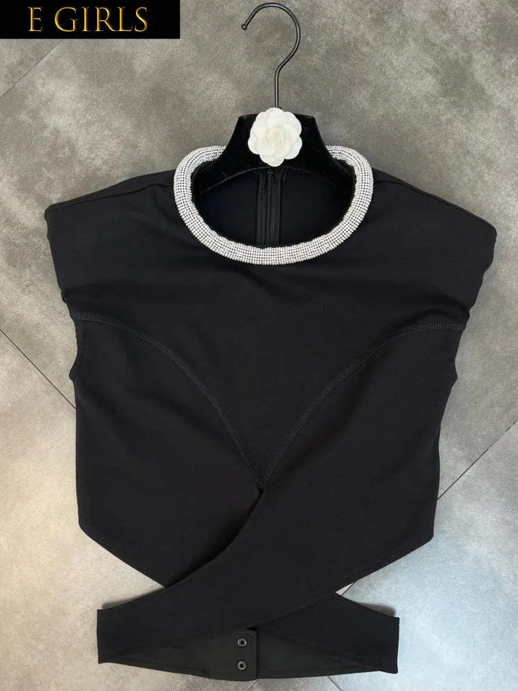 

J GIRLS 2022 Summer New Collection Sleeveless Diamonds Round Neck Criss Cross Waist Slim Black T Shirt Women GF311