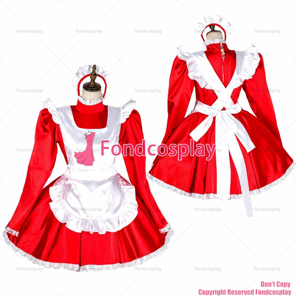 

tailor-made sexy adult dressing cross maid sissy short lockable red satin dress uniform white apron costume tv/cd[g1793]